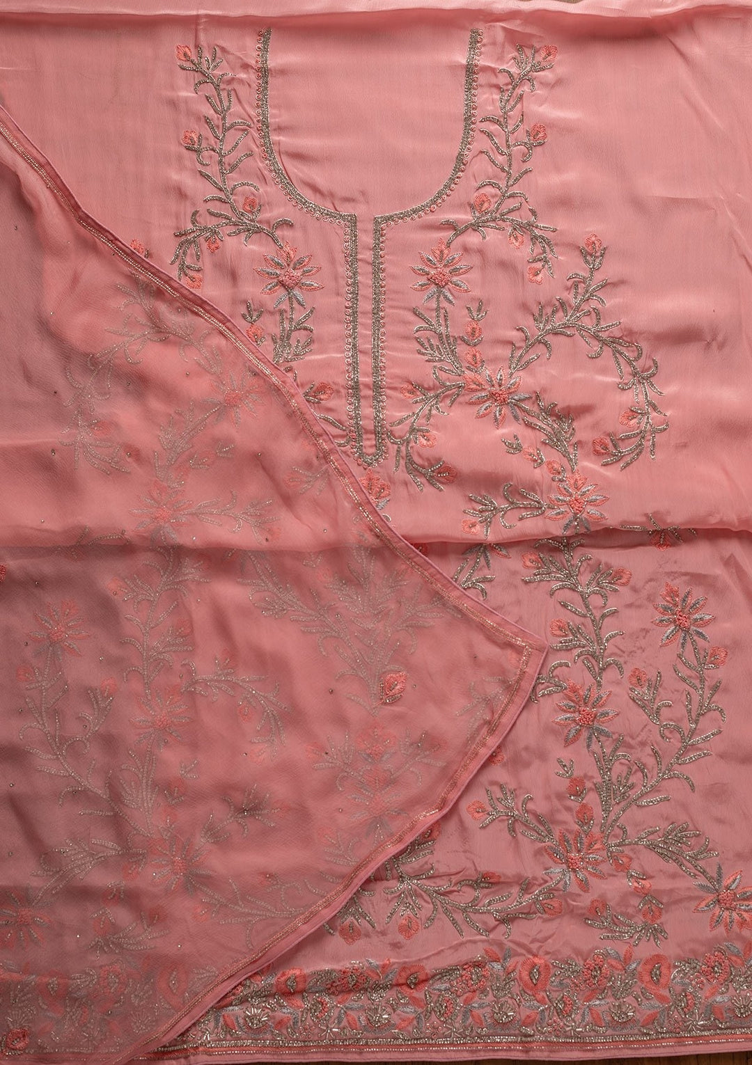 Pink Silver Stonework Semi Crepe Designer Unstitched Salwar Suit - koskii