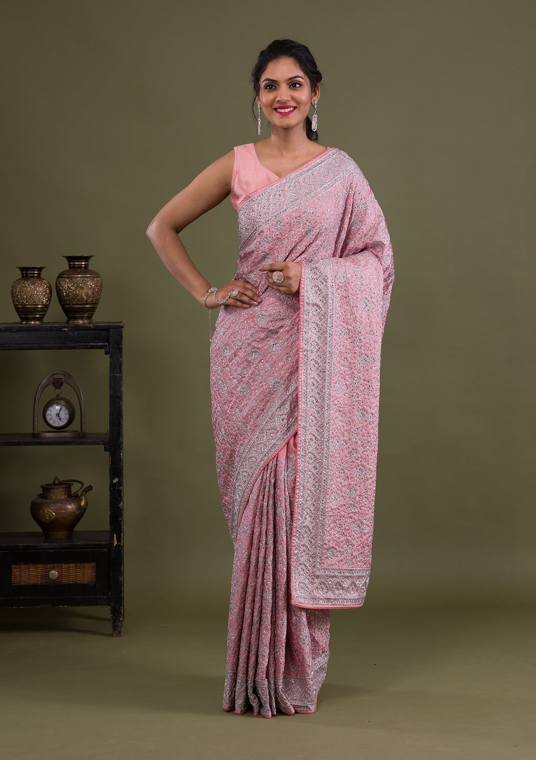 Pink Stonework Semi Crepe Saree-Koskii