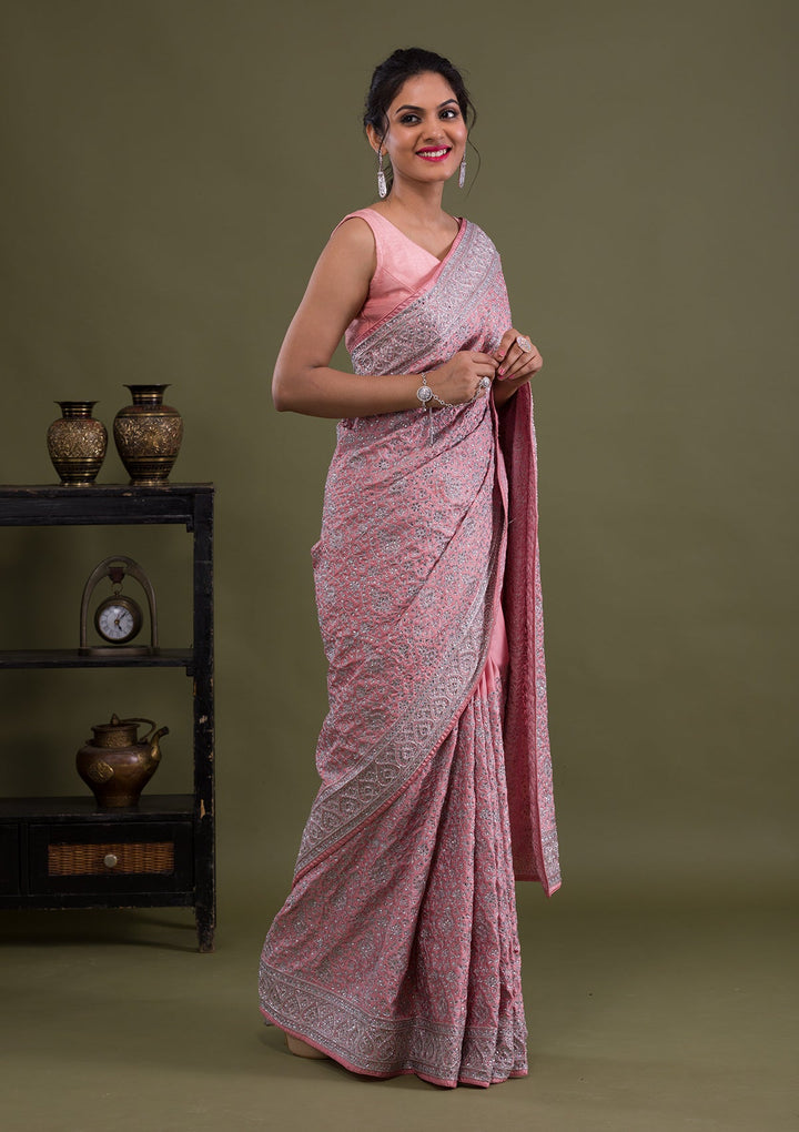 Pink Stonework Semi Crepe Saree-Koskii