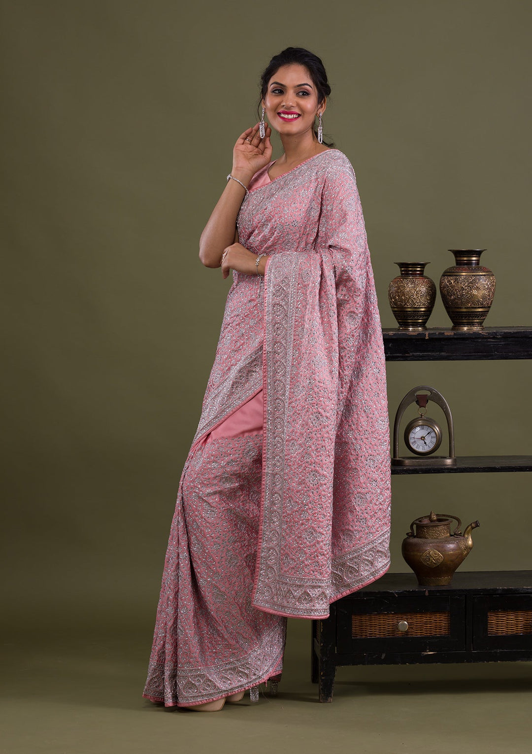 Pink Stonework Semi Crepe Saree-Koskii