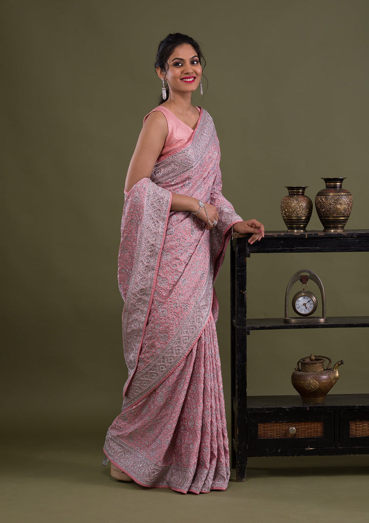 Pink Stonework Semi Crepe Saree-Koskii