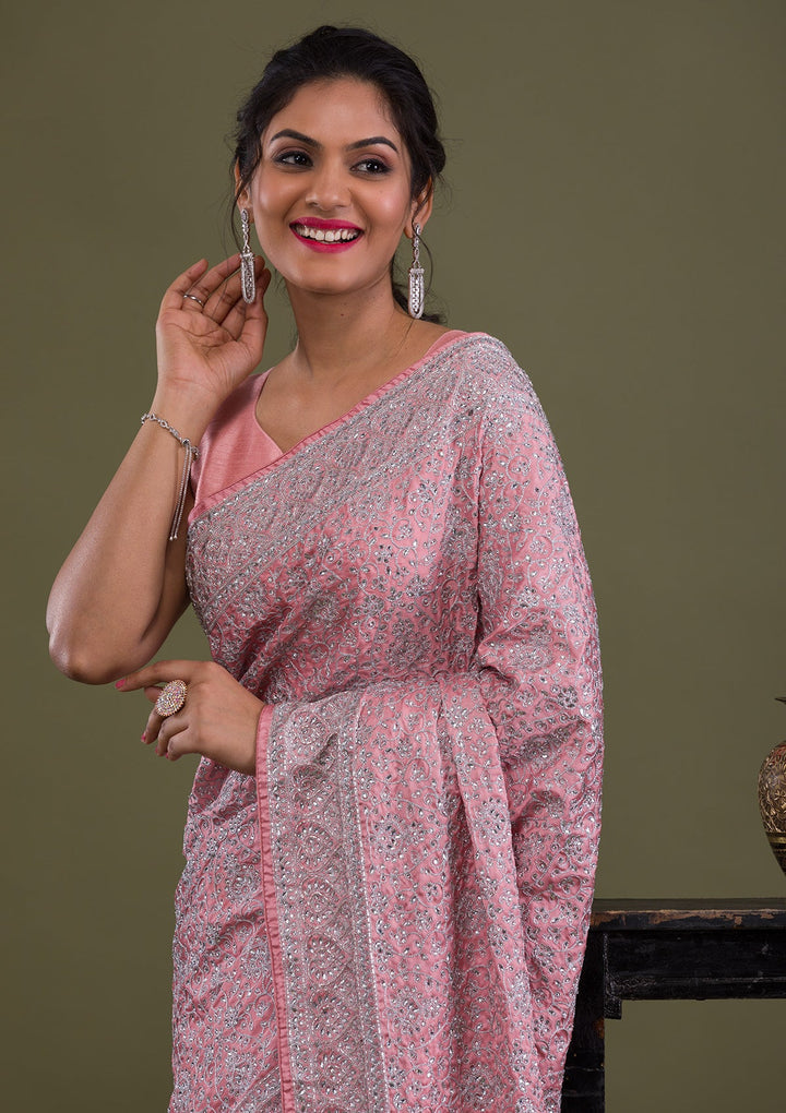 Pink Stonework Semi Crepe Saree-Koskii