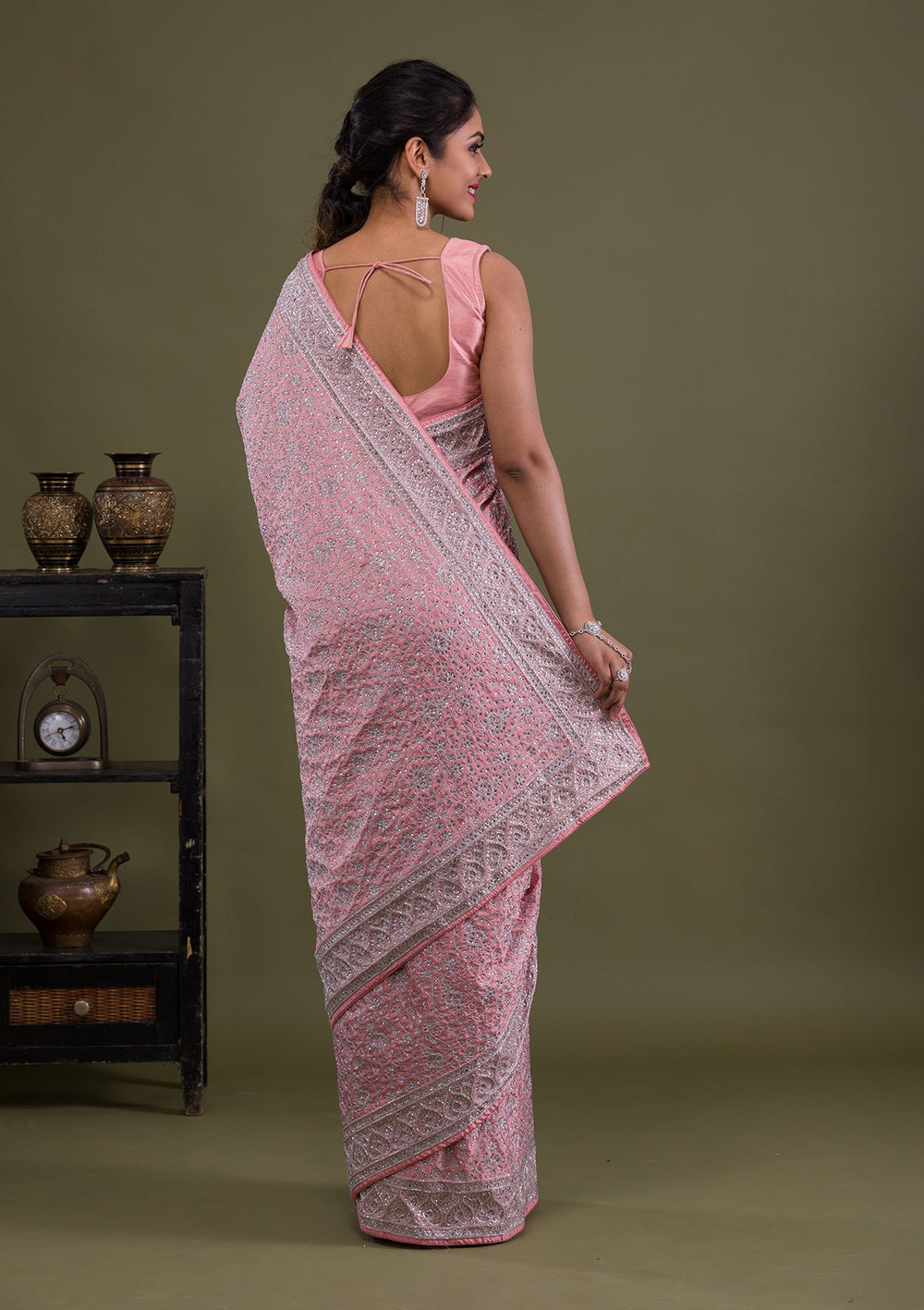 Pink Stonework Semi Crepe Saree-Koskii