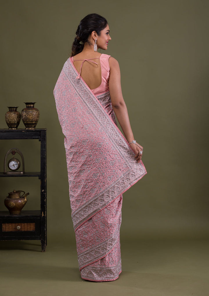 Pink Stonework Semi Crepe Saree-Koskii