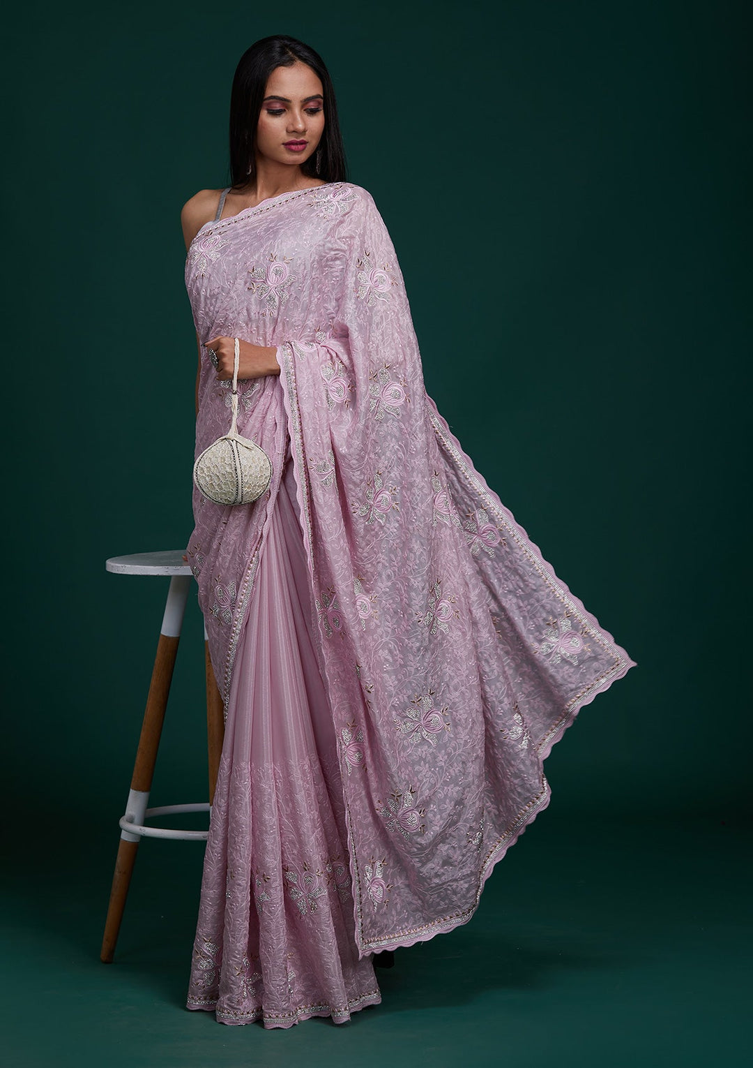Pink Silver Stonework Tissue Saree - Koskii