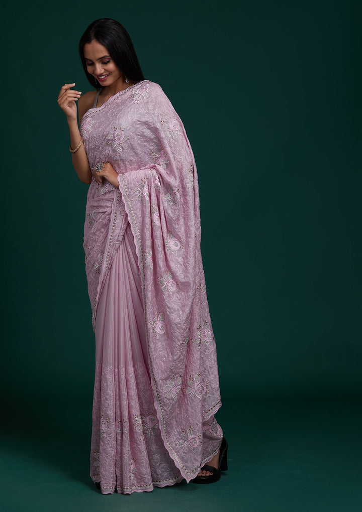 Pink Silver Stonework Tissue Saree - Koskii