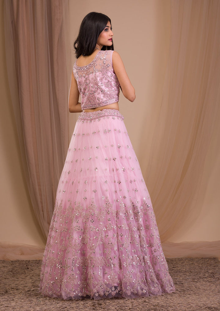 Pink Stonework Net Readymade Lehenga-Koskii