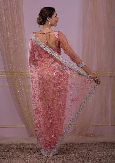 Pink Stonework Net Saree-Koskii