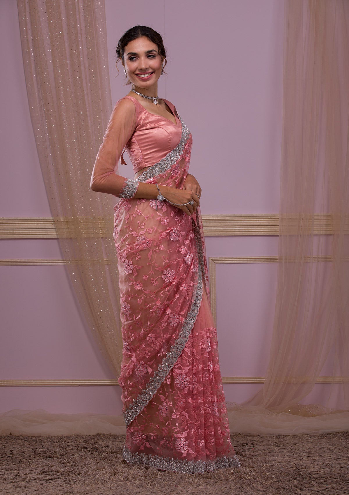 Pink Stonework Net Saree-Koskii