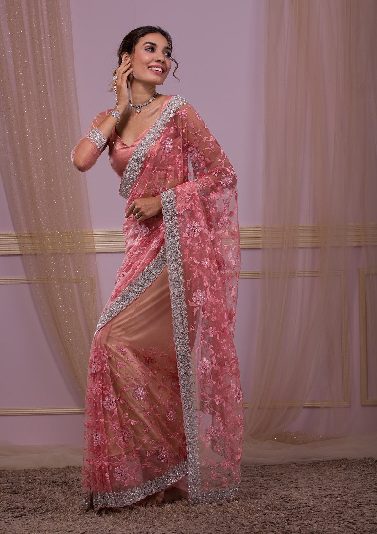 Pink Stonework Net Saree-Koskii