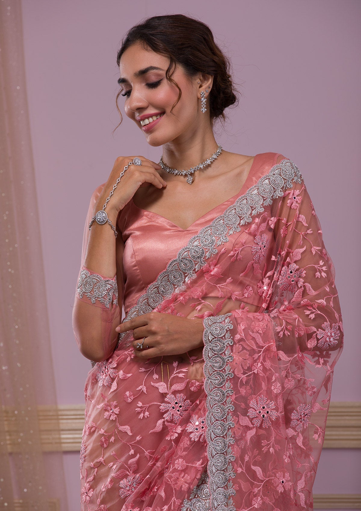 Pink Stonework Net Saree-Koskii