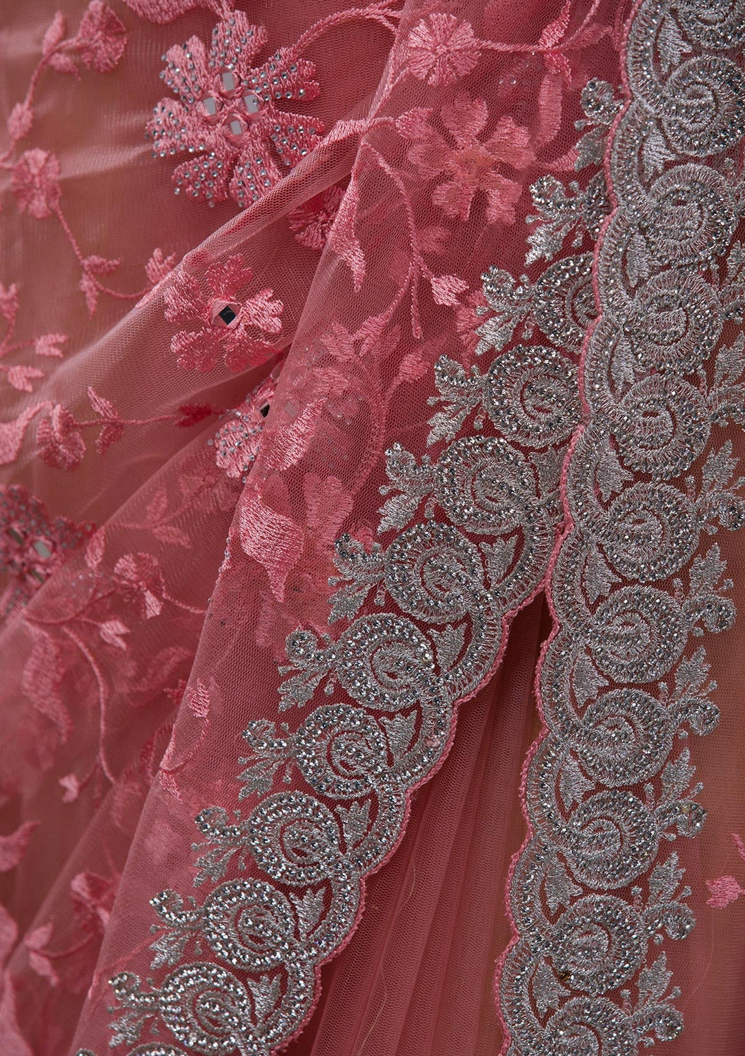 Pink Stonework Net Saree-Koskii
