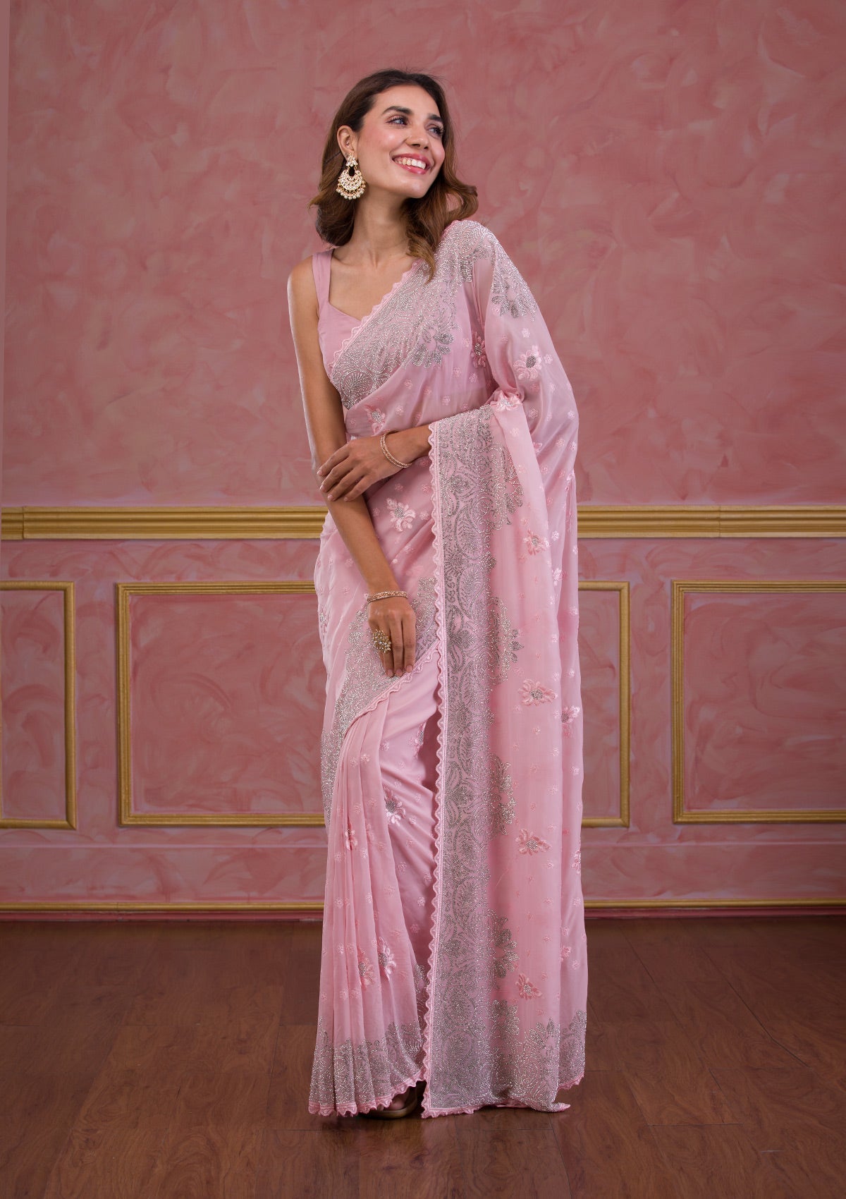 Pink Zariwork Georgette Designer Saree-Koskii
