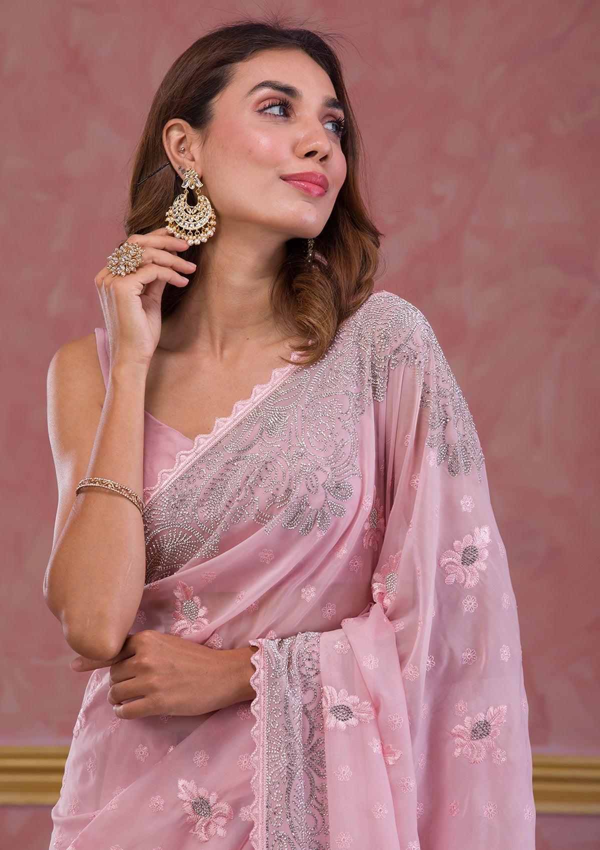 Pink Zariwork Georgette Designer Saree-Koskii