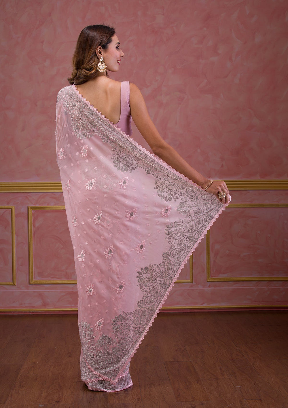 Pink Zariwork Georgette Designer Saree-Koskii