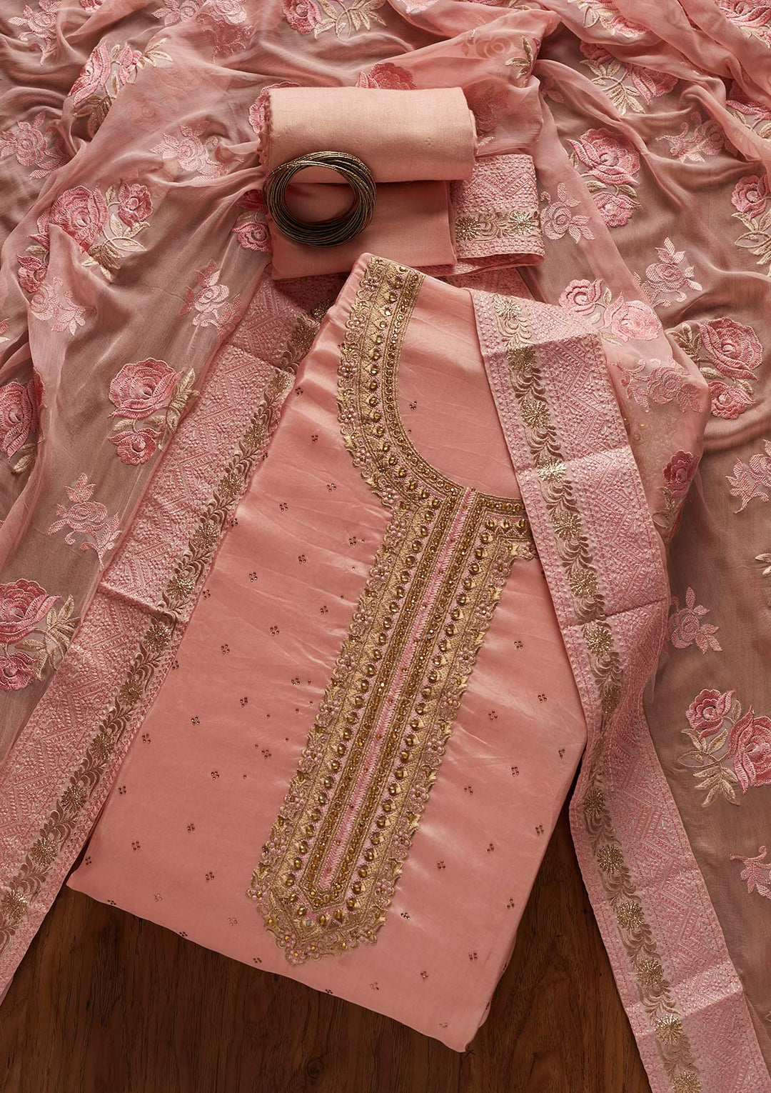Pink Stonework Art Silk Designer Unstitched Salwar Suit - koskii