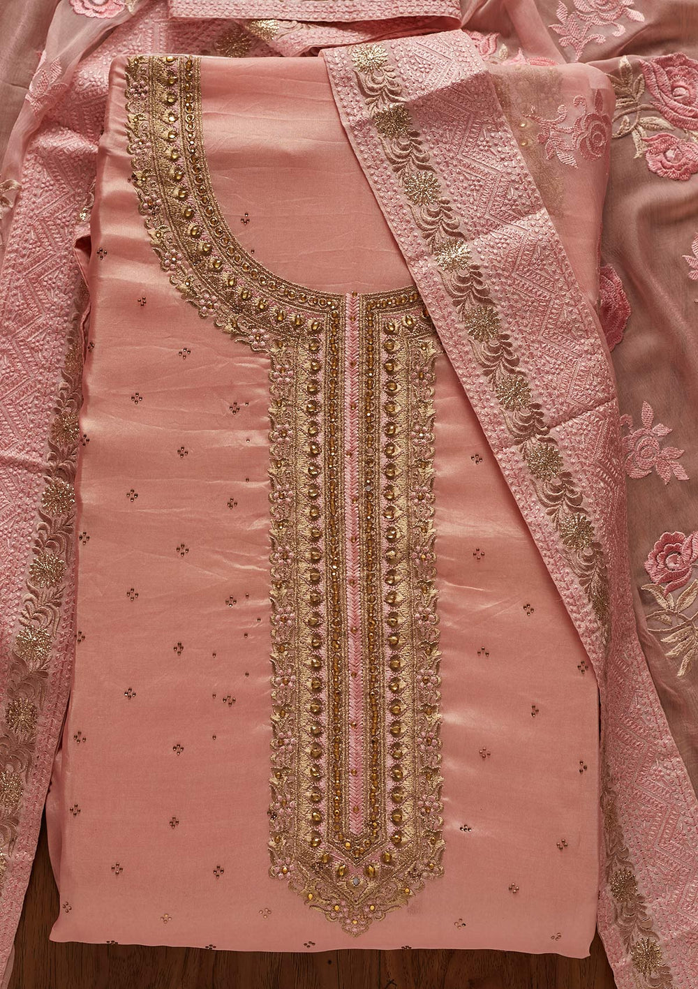 Pink Stonework Art Silk Designer Unstitched Salwar Suit - koskii