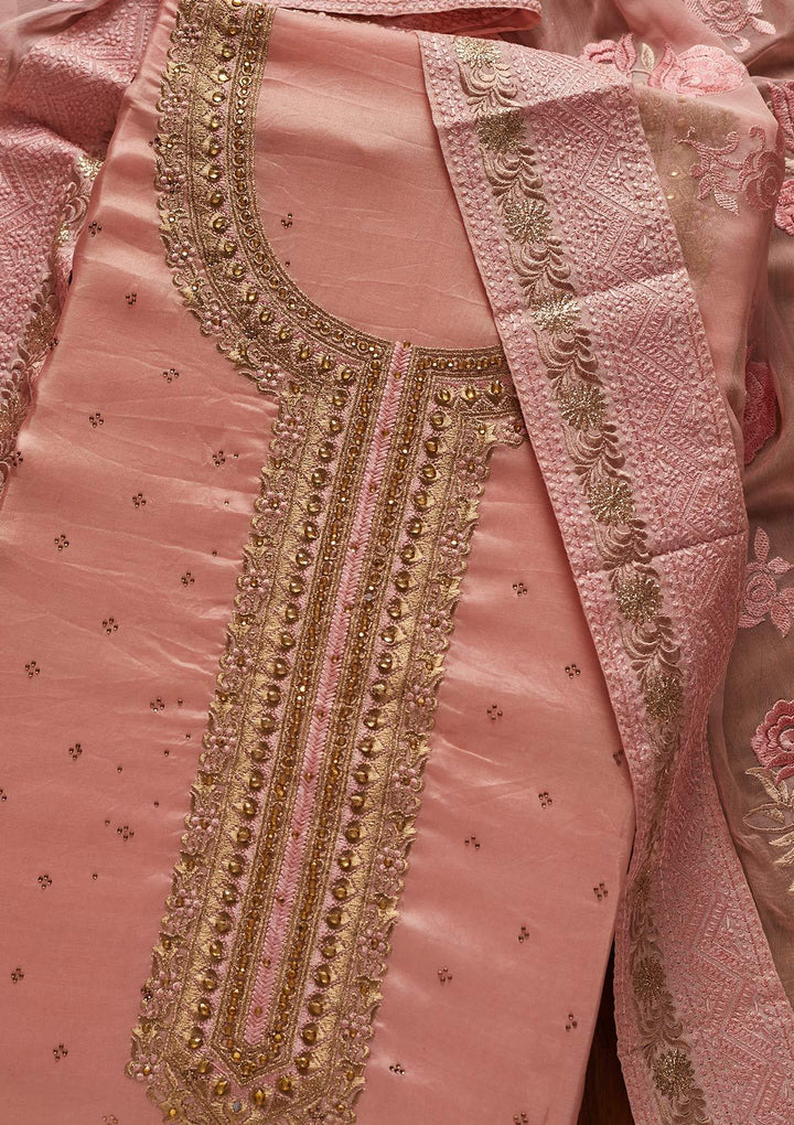 Pink Stonework Art Silk Designer Unstitched Salwar Suit - koskii