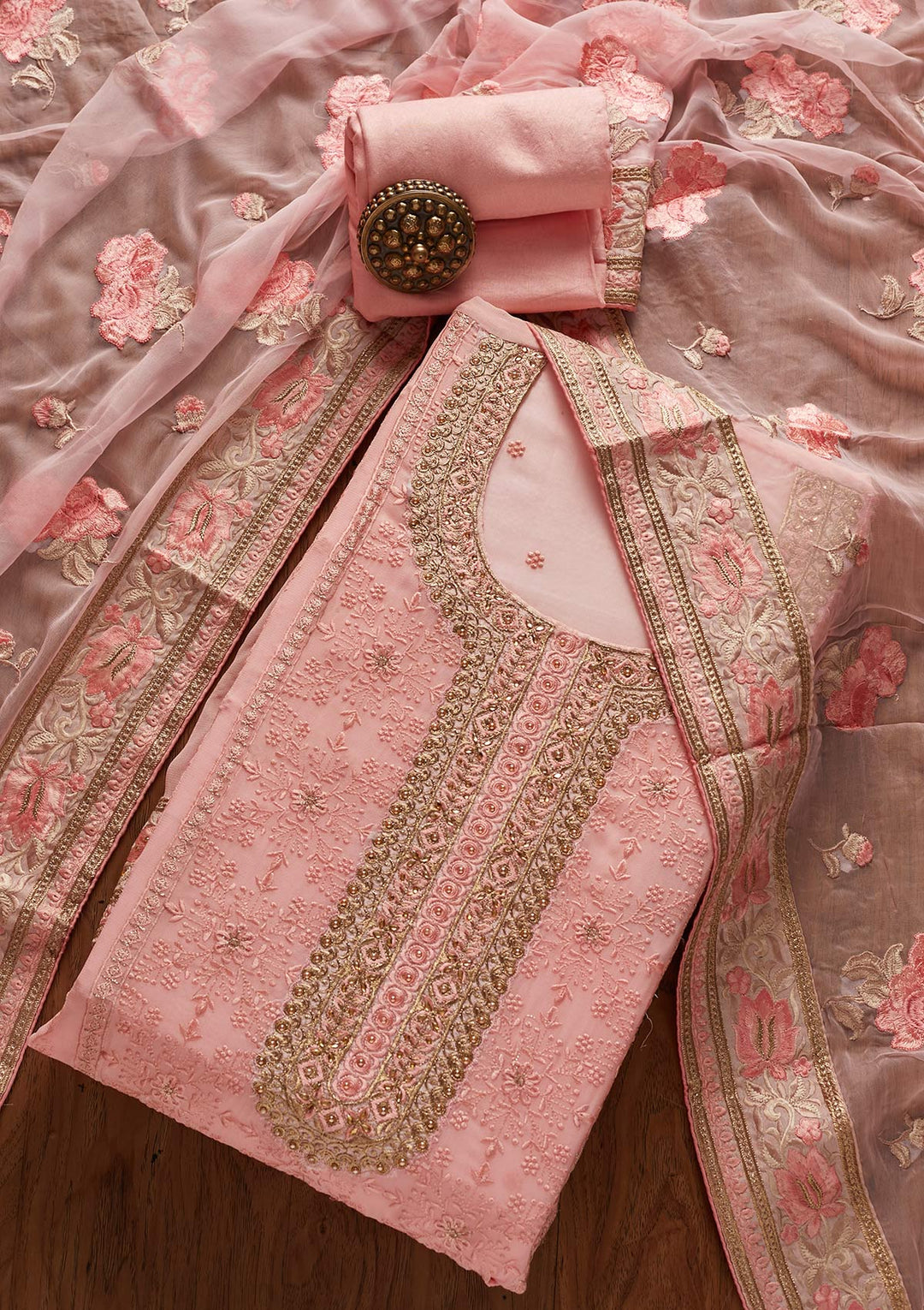 Pink Stonework Art Silk Designer Unstitched Salwar Suit - koskii