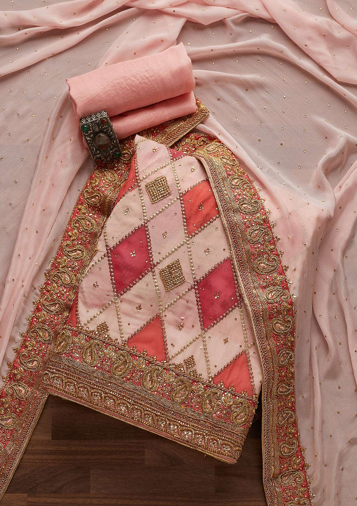 Pink Stonework Chanderi Designer Unstitched Salwar Suit - Koskii