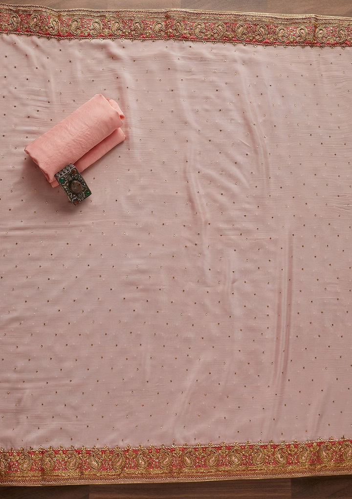 Pink Stonework Chanderi Designer Unstitched Salwar Suit - Koskii