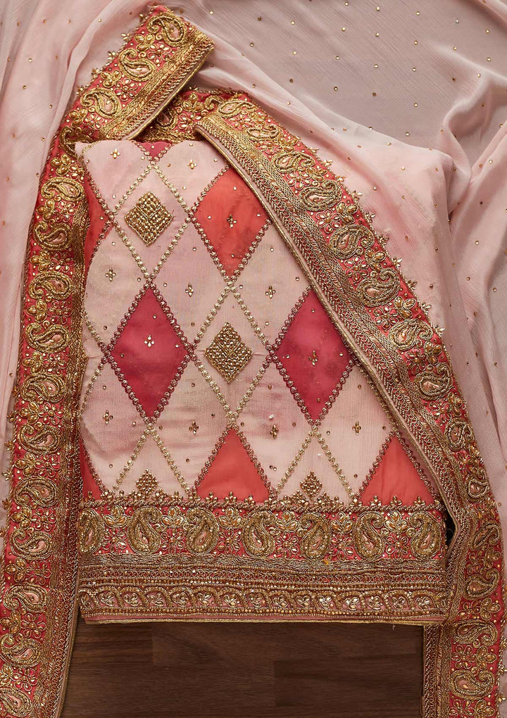 Pink Stonework Chanderi Designer Unstitched Salwar Suit - Koskii
