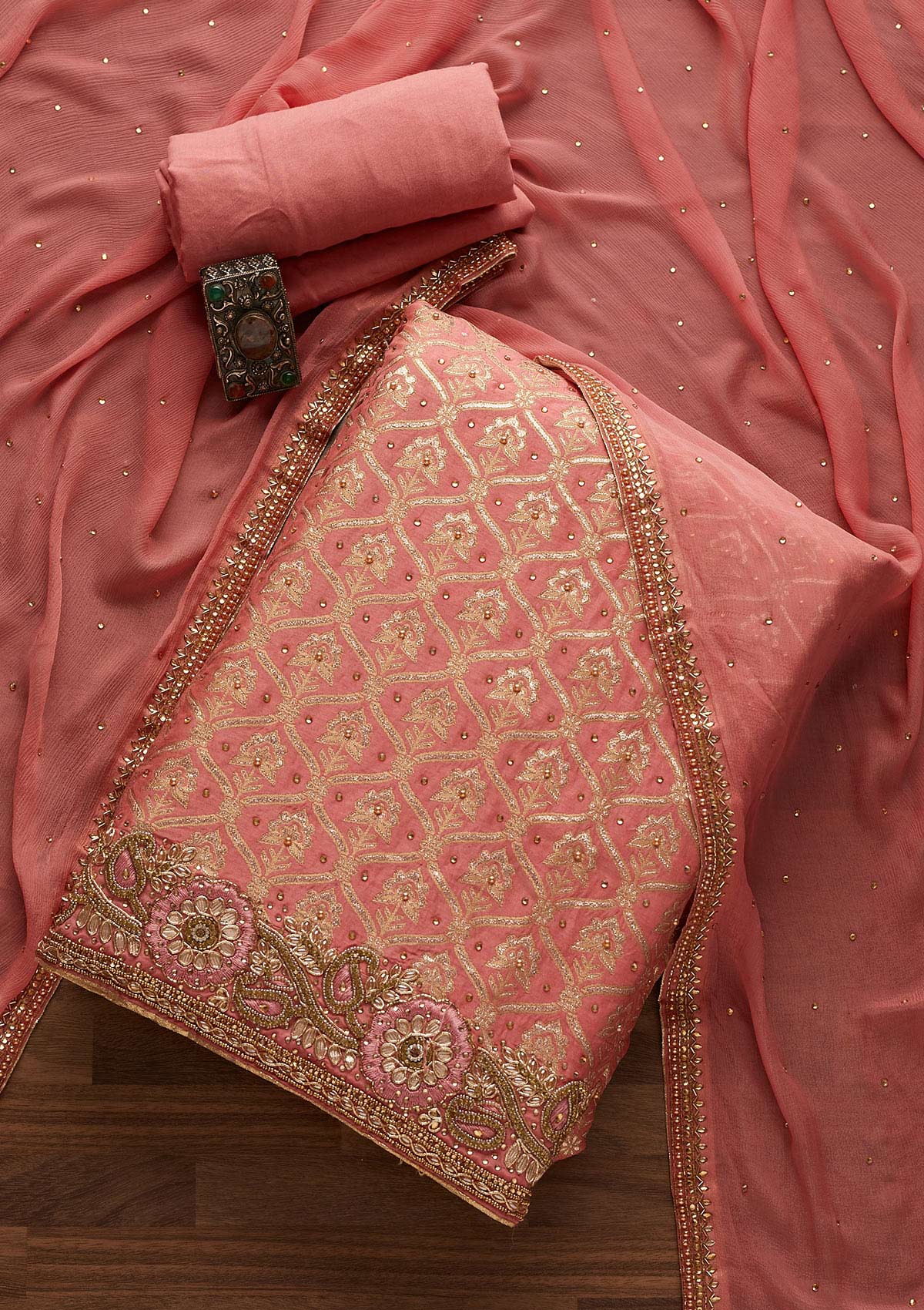 Pink Stonework Chanderi Designer Unstitched Salwar Suit - Koskii