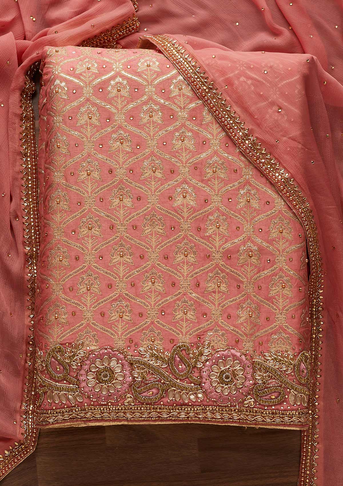 Pink Stonework Chanderi Designer Unstitched Salwar Suit - Koskii