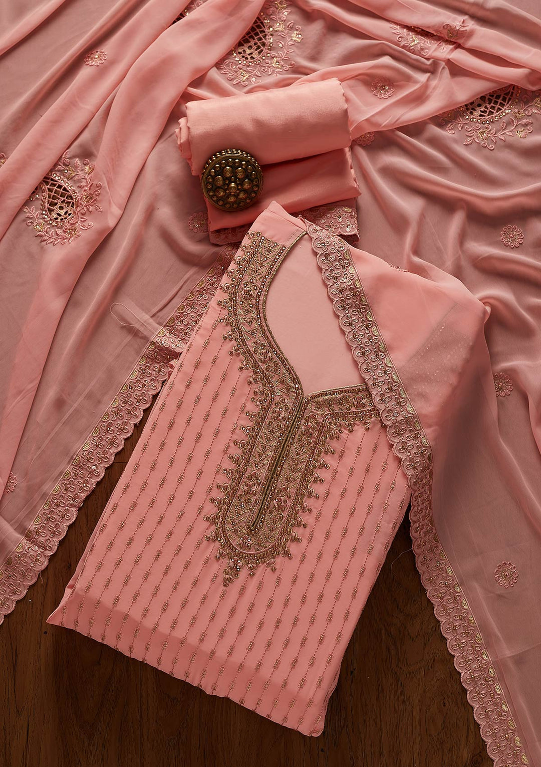 Pink Stonework Georgette Designer Unstitched Salwar Suit - koskii