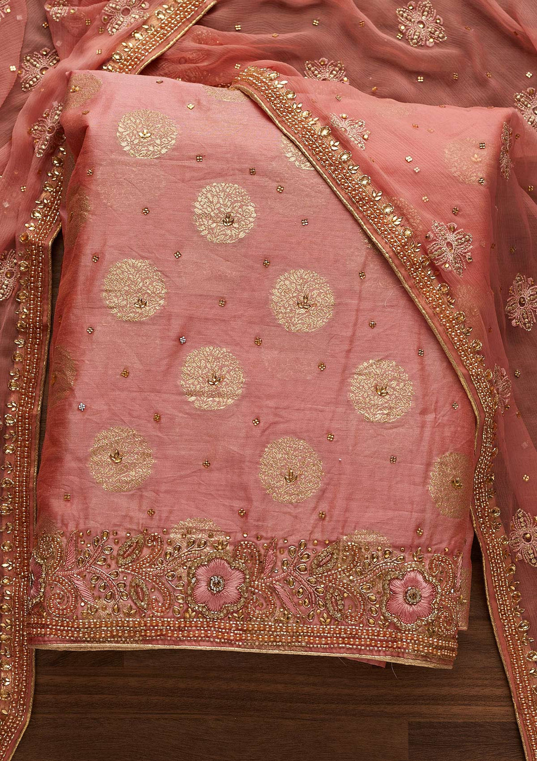 Pink Stonework Georgette Designer Unstitched Salwar Suit - Koskii