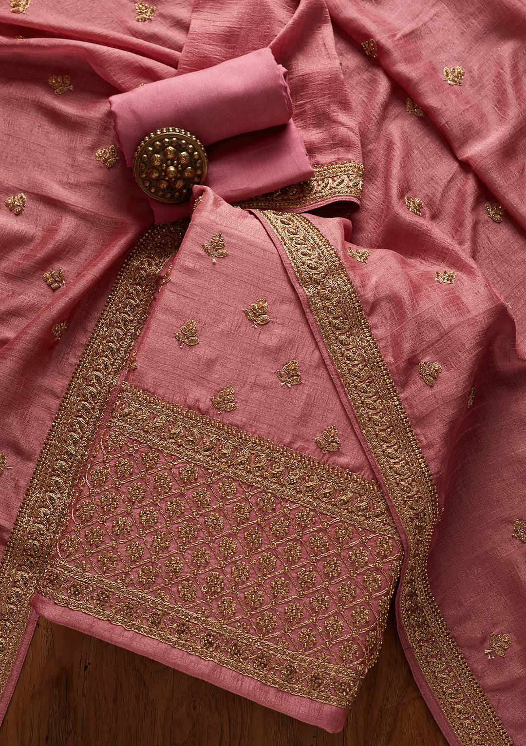 Pink Stonework Raw Silk Designer Unstitched Salwar Suit - koskii