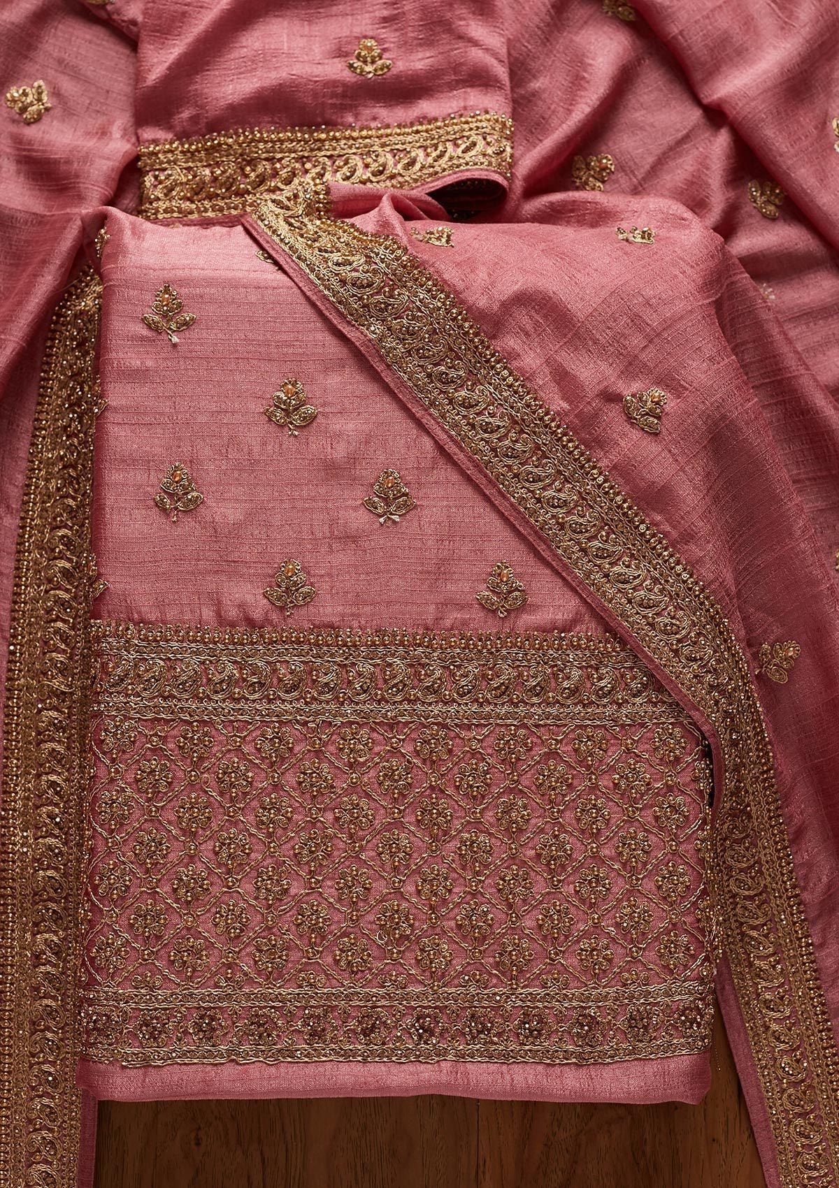 Pink Stonework Raw Silk Designer Unstitched Salwar Suit - koskii