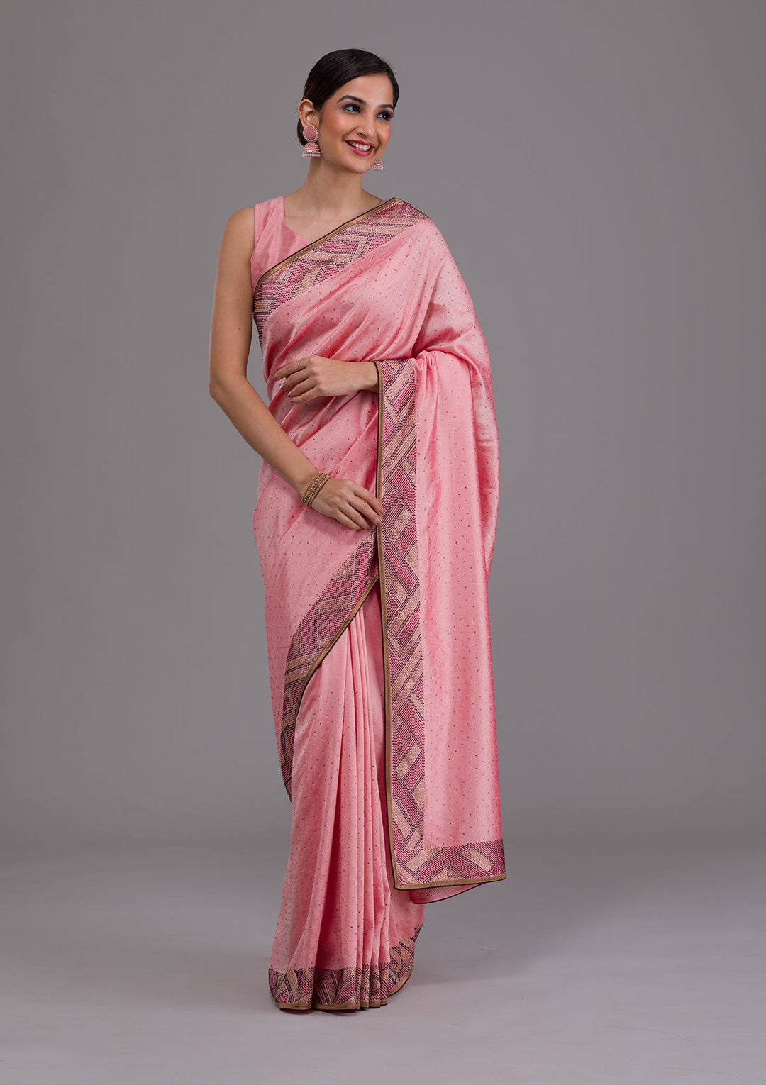 Pink Stonework Satin Saree-Koskii