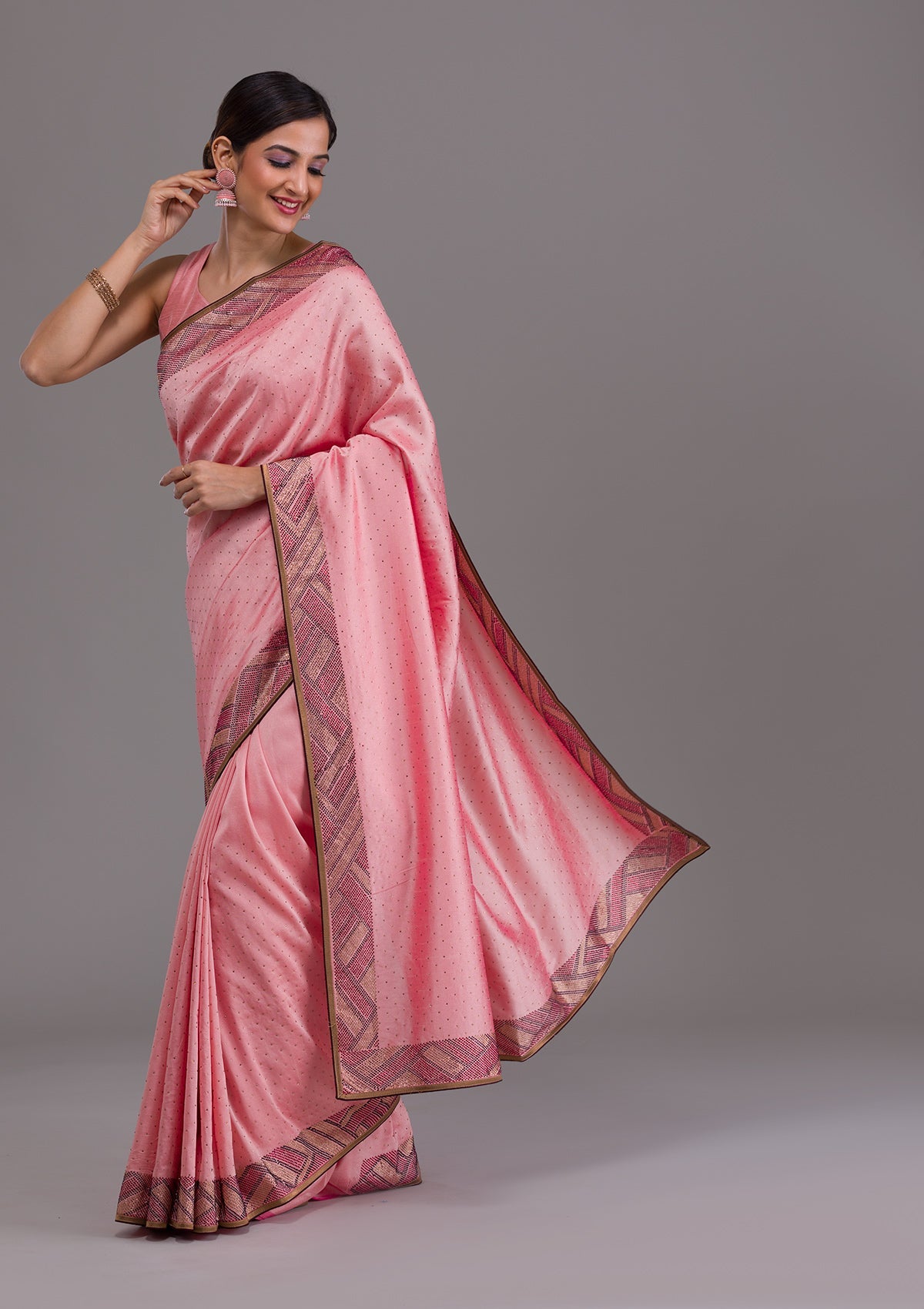 Pink Stonework Satin Saree-Koskii