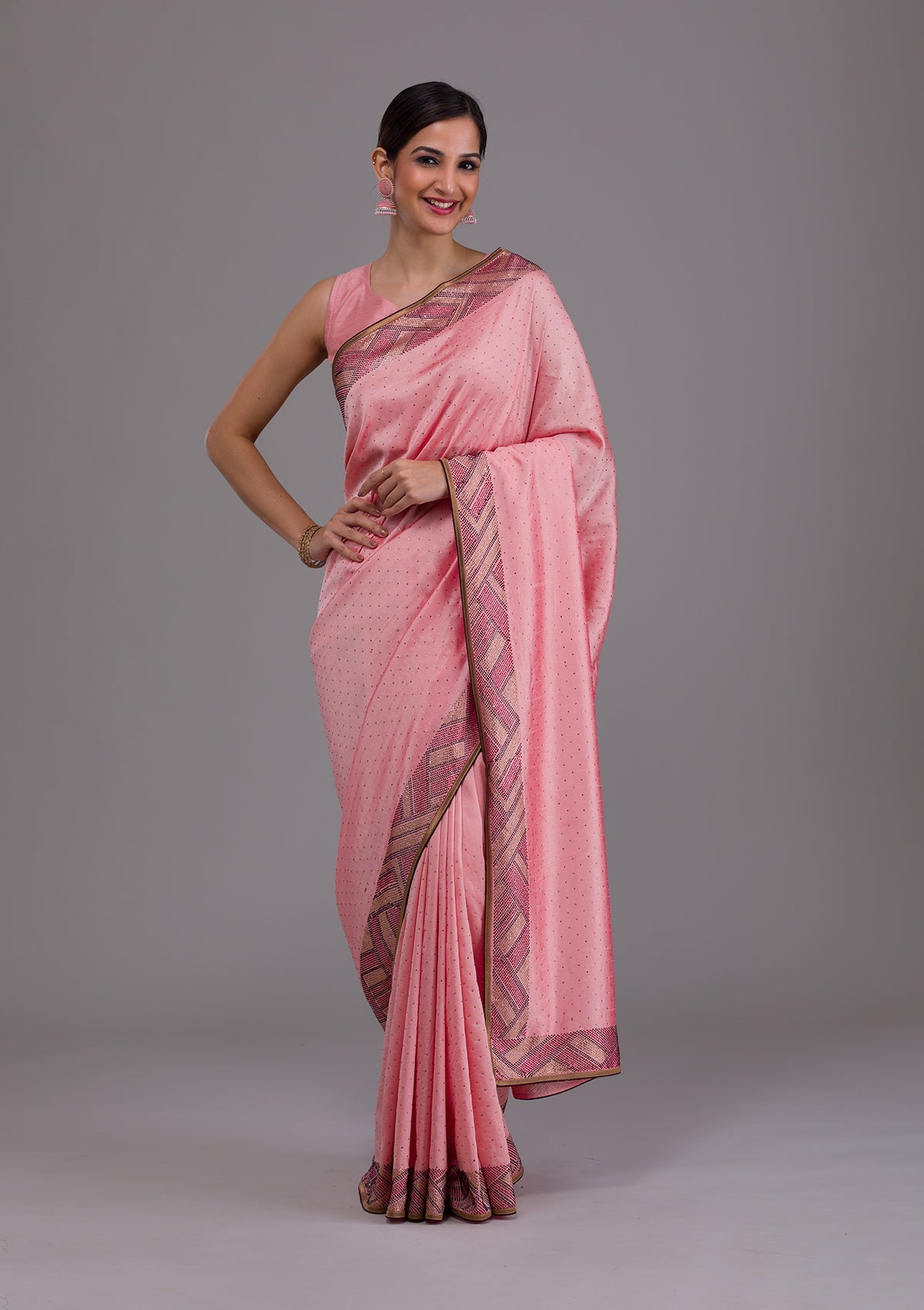 Pink Stonework Satin Saree-Koskii