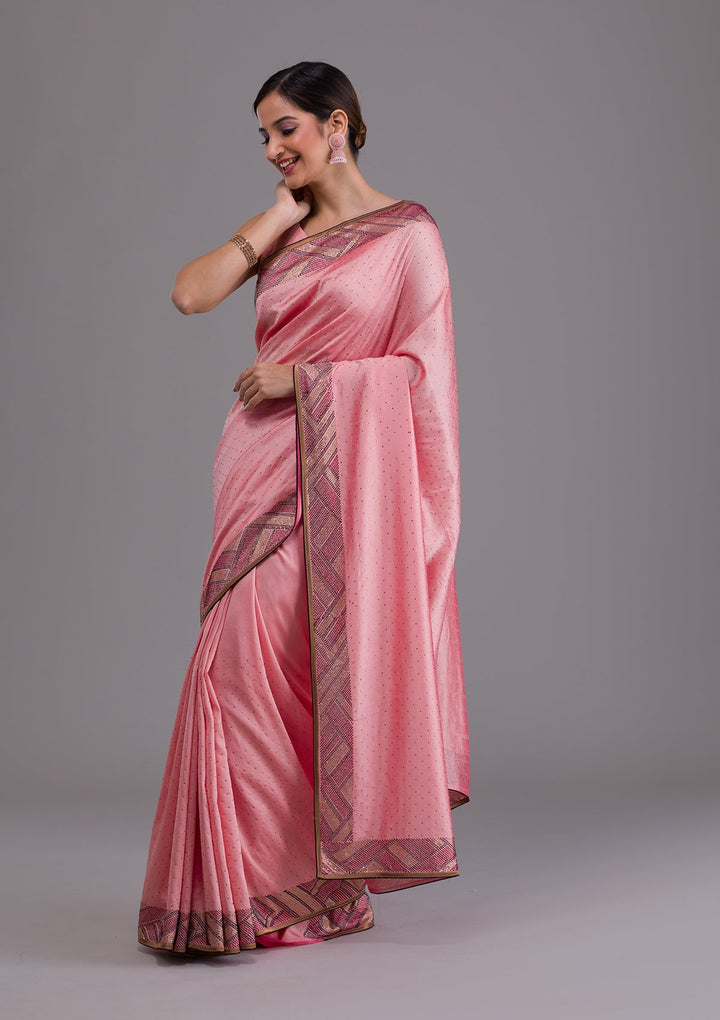 Pink Stonework Satin Saree-Koskii