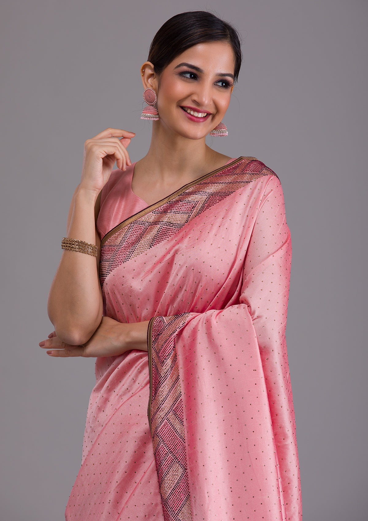 Pink Stonework Satin Saree-Koskii