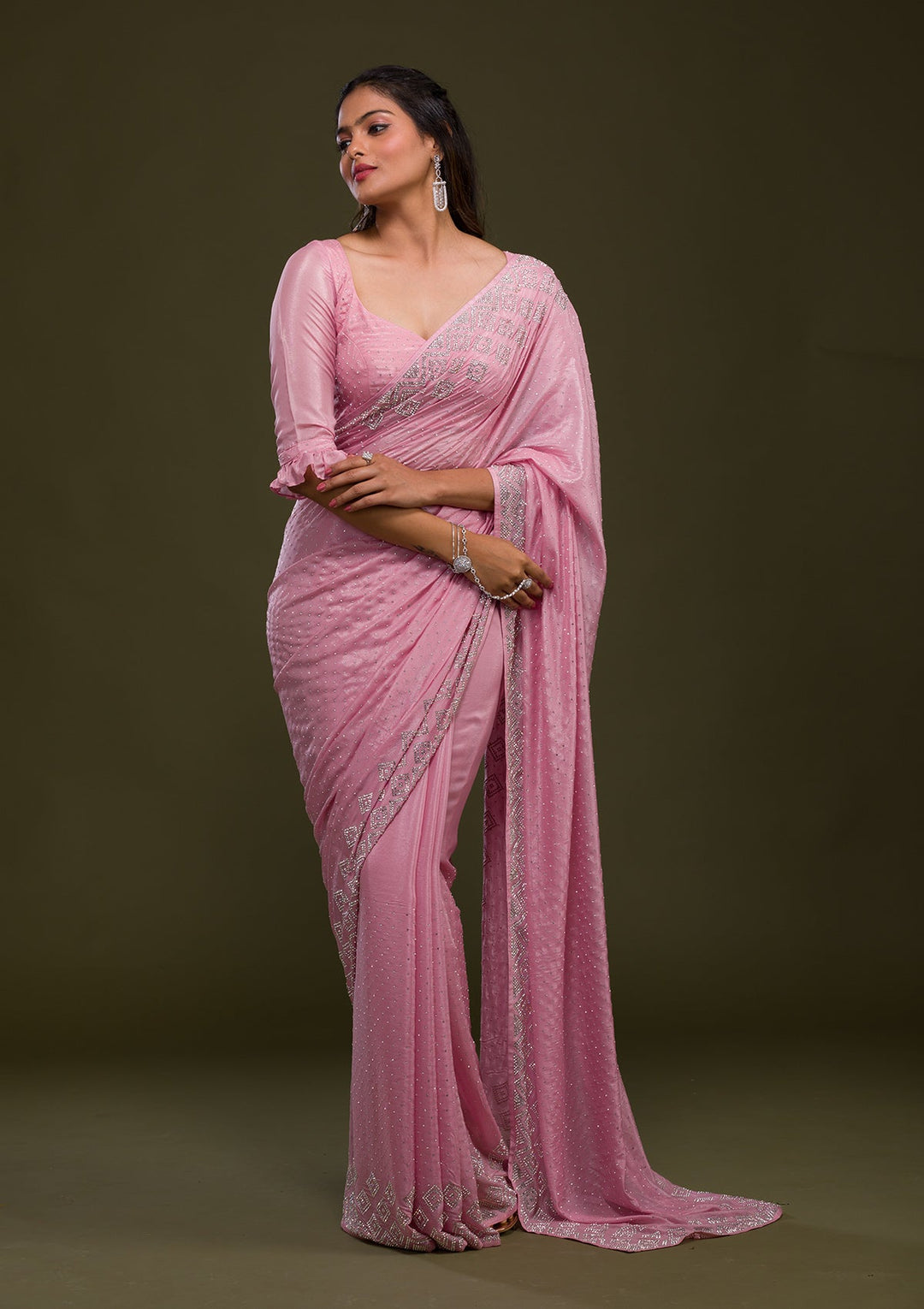 Pink Stonework Shimmer Saree-Koskii