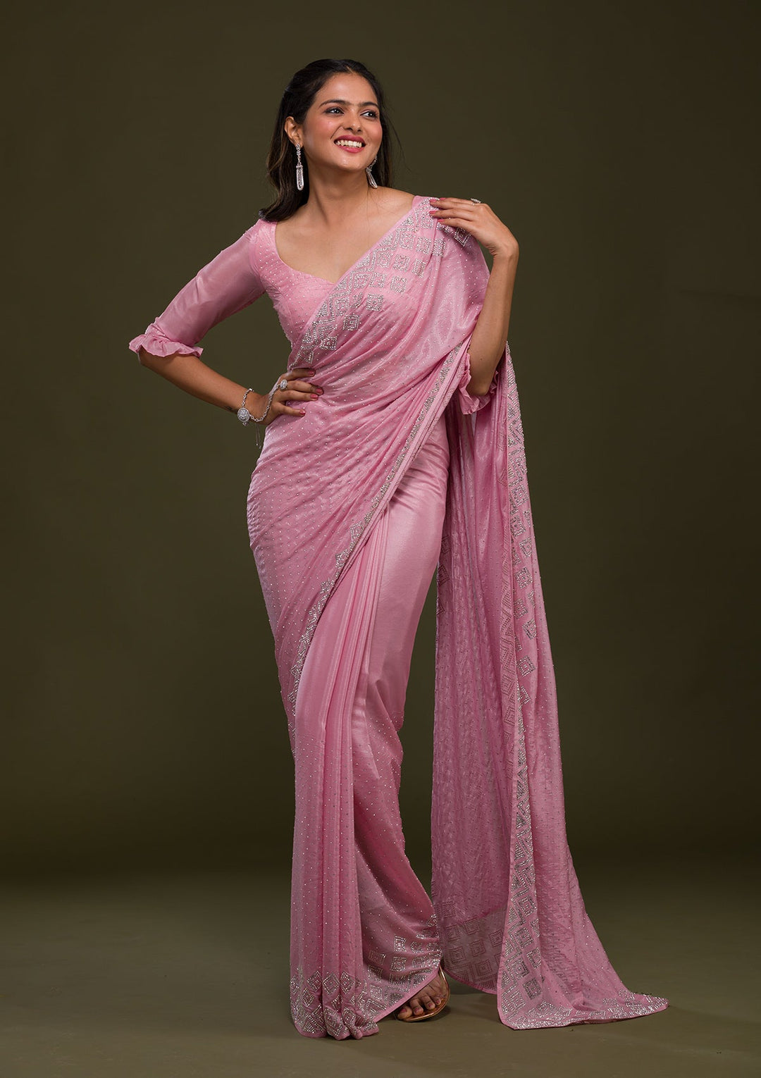 Pink Stonework Shimmer Saree-Koskii