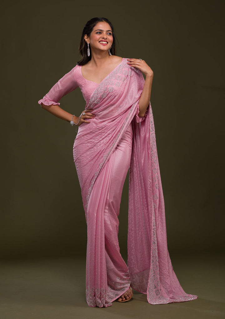 Pink Stonework Shimmer Saree-Koskii