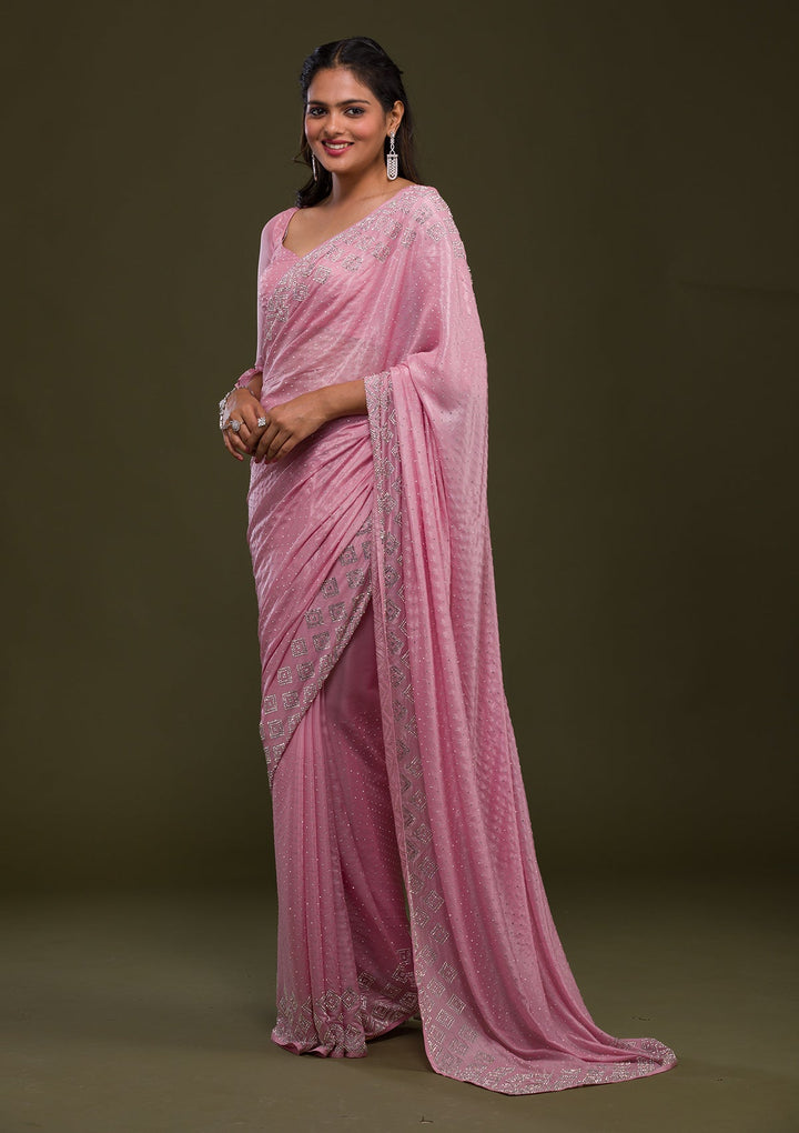 Pink Stonework Shimmer Saree-Koskii