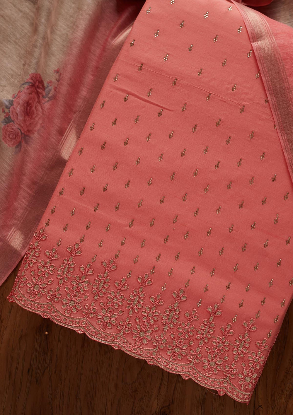 Pink Swarovski Chanderi Designer Unstitched Salwar Suit - koskii