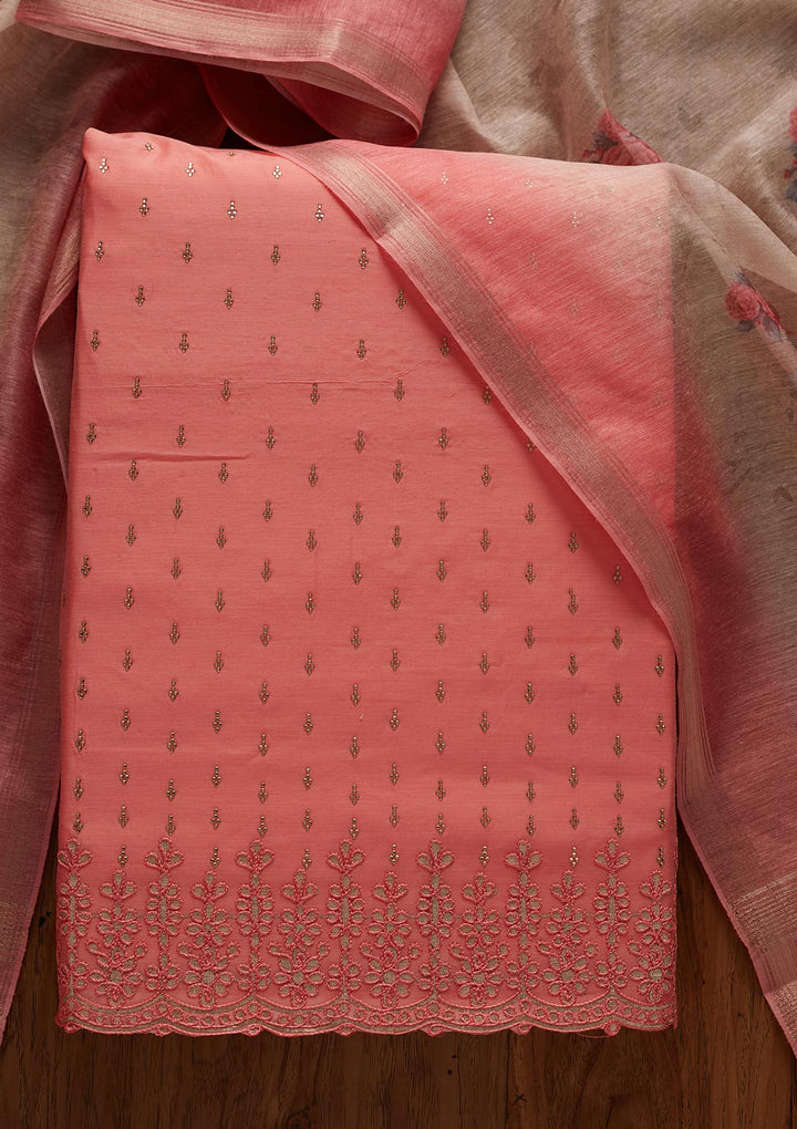 Pink Swarovski Chanderi Designer Unstitched Salwar Suit - koskii