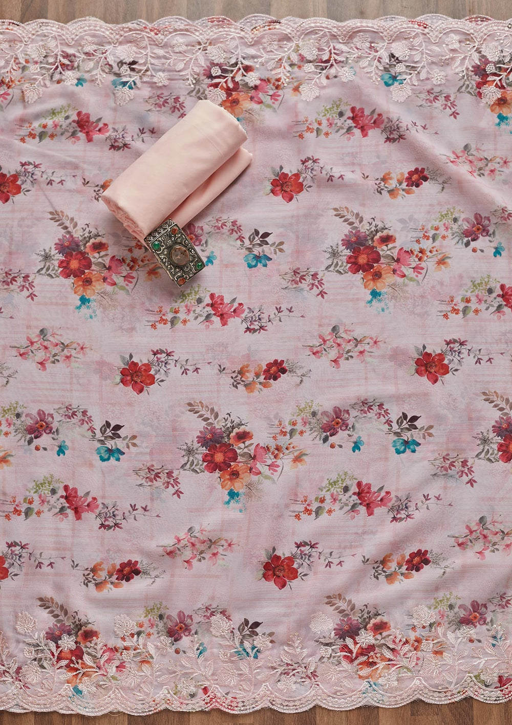 Pink Swarovski Georgette Unstitched Salwar Suit - Koskii