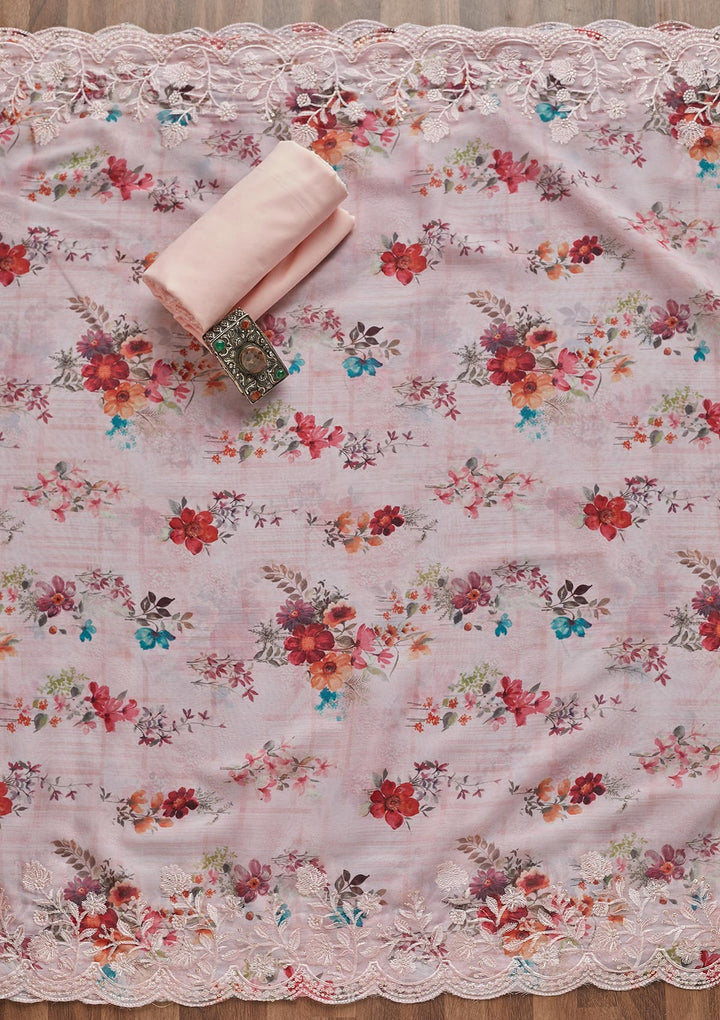 Pink Swarovski Georgette Unstitched Salwar Suit - Koskii