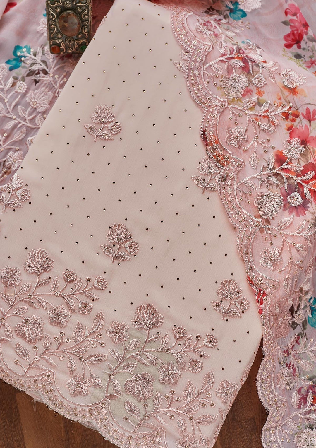 Pink Swarovski Georgette Unstitched Salwar Suit - Koskii