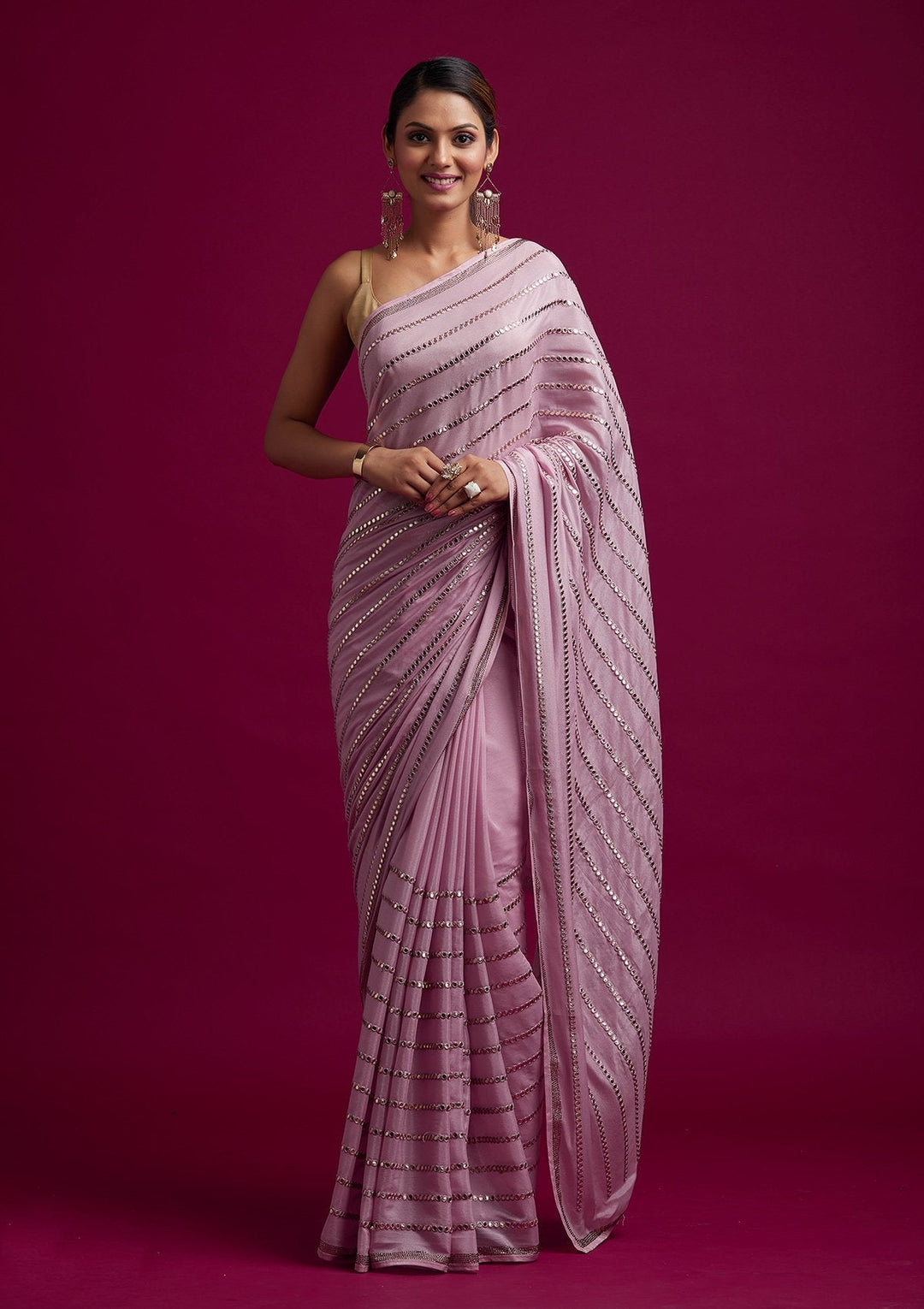 Pink Swarovski Georgette Designer Saree - koskii