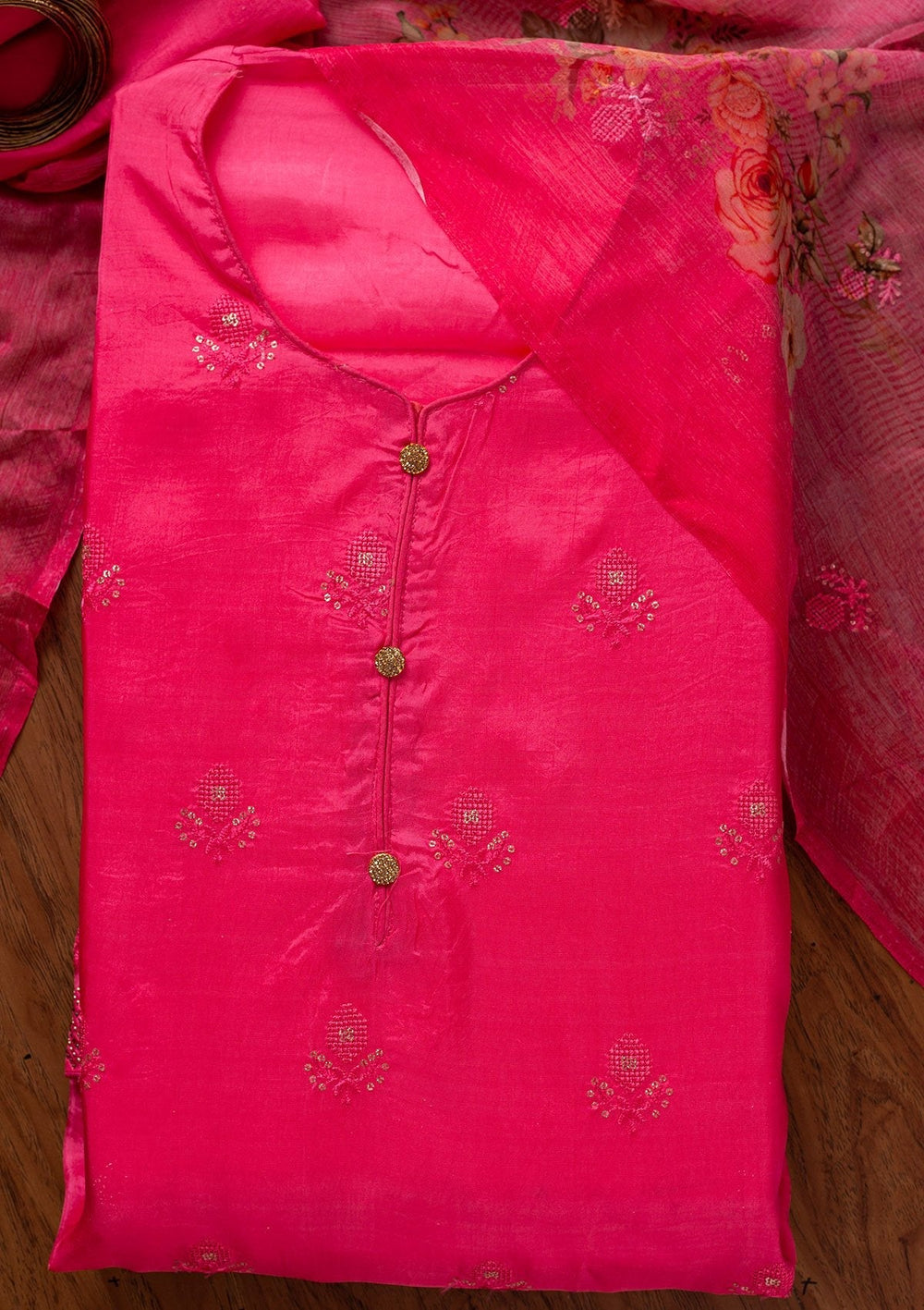 Pink Swarovski Satin Designer Unstitched Salwar Suit - koskii