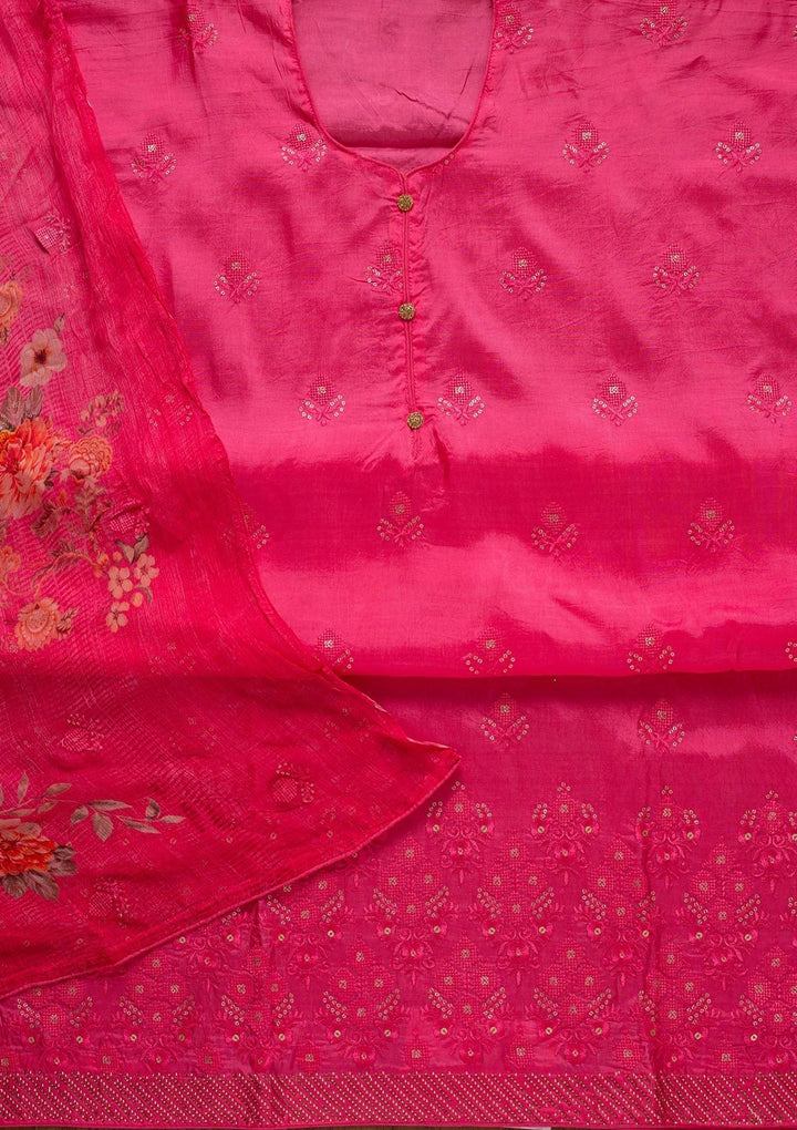 Pink Swarovski Satin Designer Unstitched Salwar Suit - koskii
