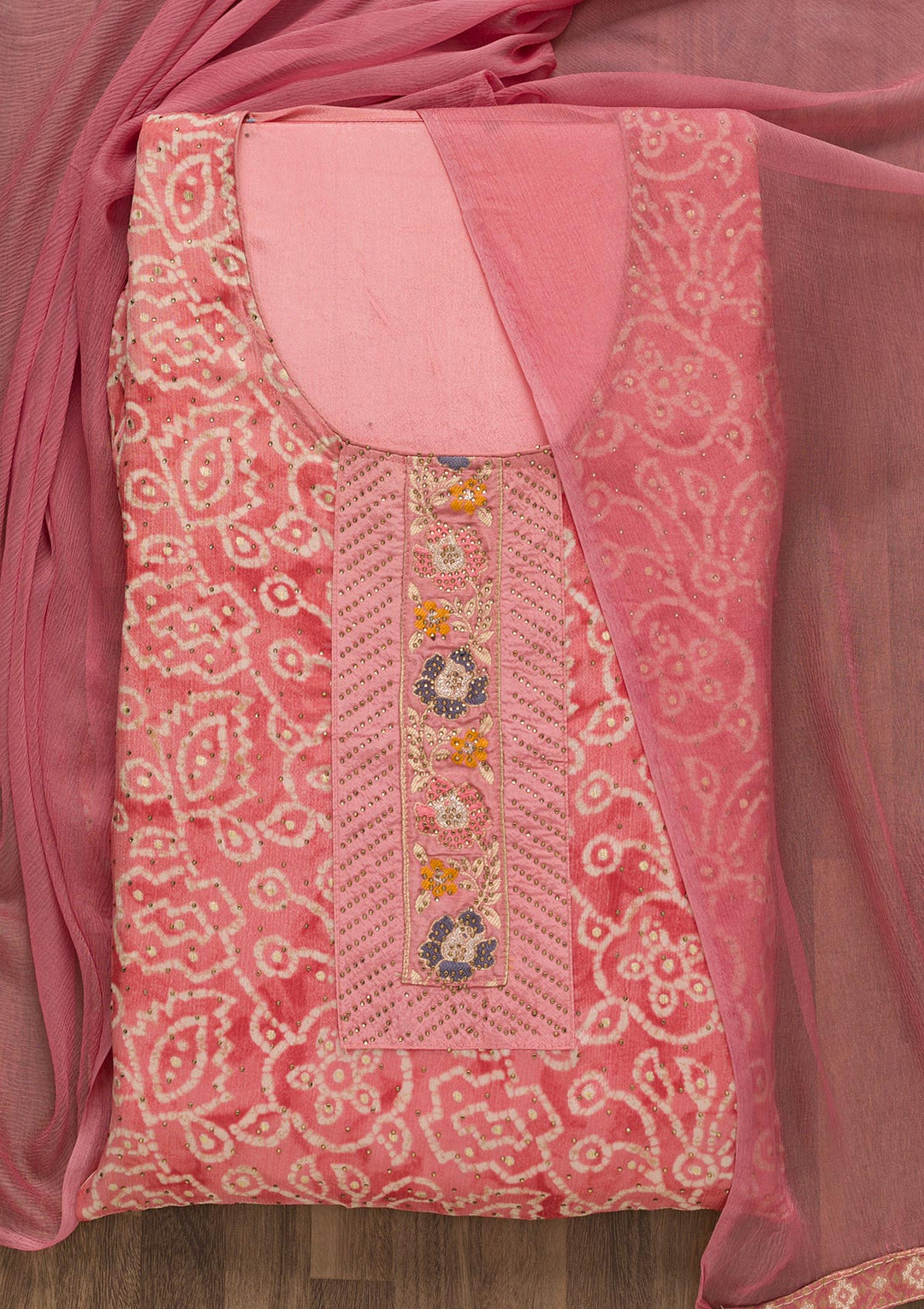 Pink Semi Crepe Swarovski Unstitched Salwar Suit-koskii